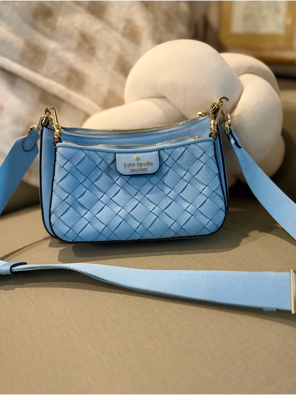 kate spade Light Blue Woven Leather Crossbody with Gold Hardware
